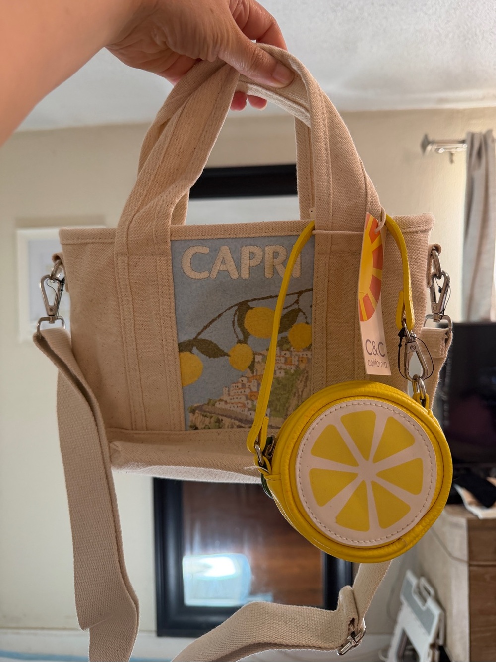 C&C California Neutral Canvas Capri Tote with Yellow Lemon Coin Purse - Picture 4 of 4